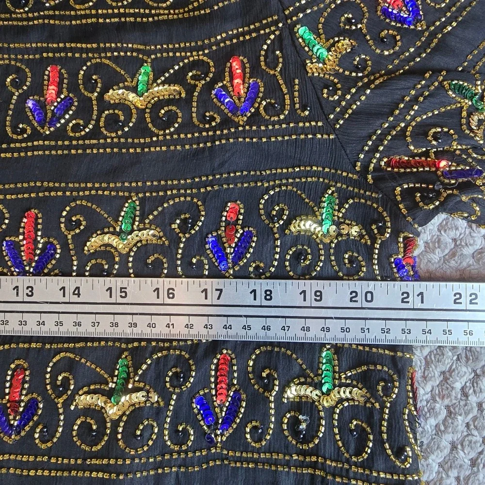 VTG Papell Boutique Mardi Gras Beaded Sequin Top Silk Tunic Black Gold Green L